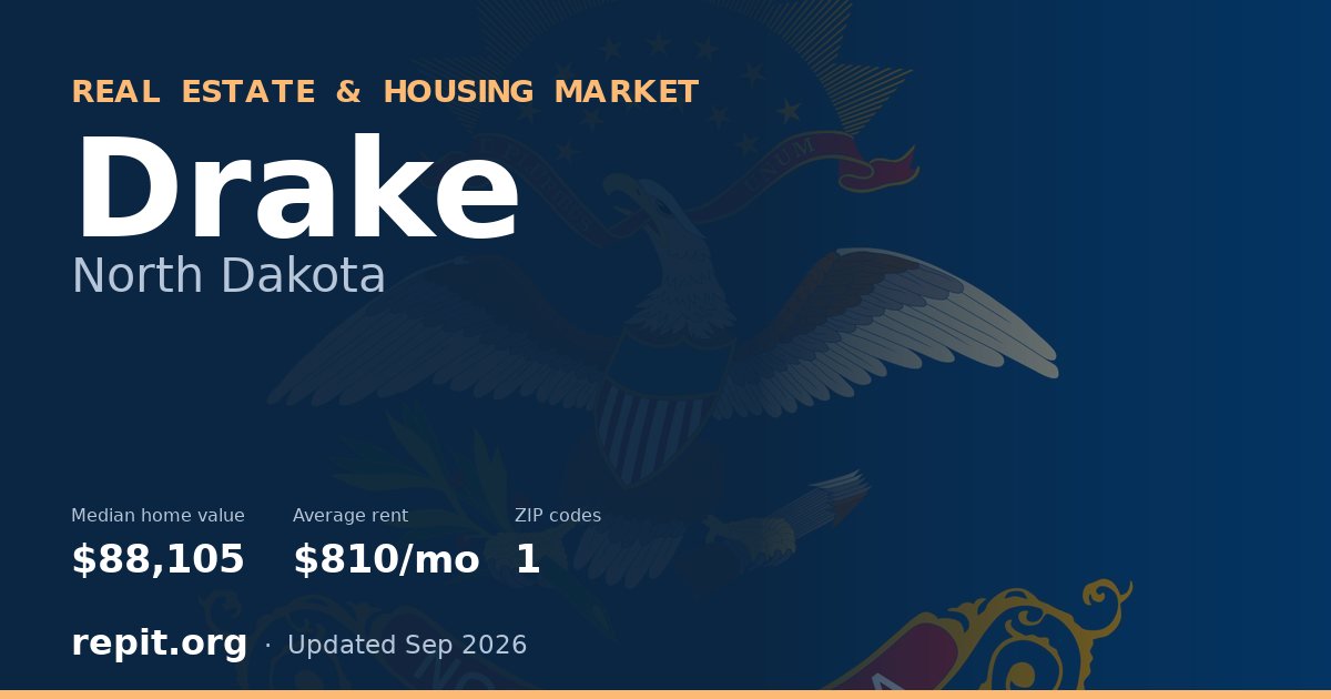 Drake, ND real estate and housing market — median home value $88,105, average rent $810/mo, 1 ZIP code