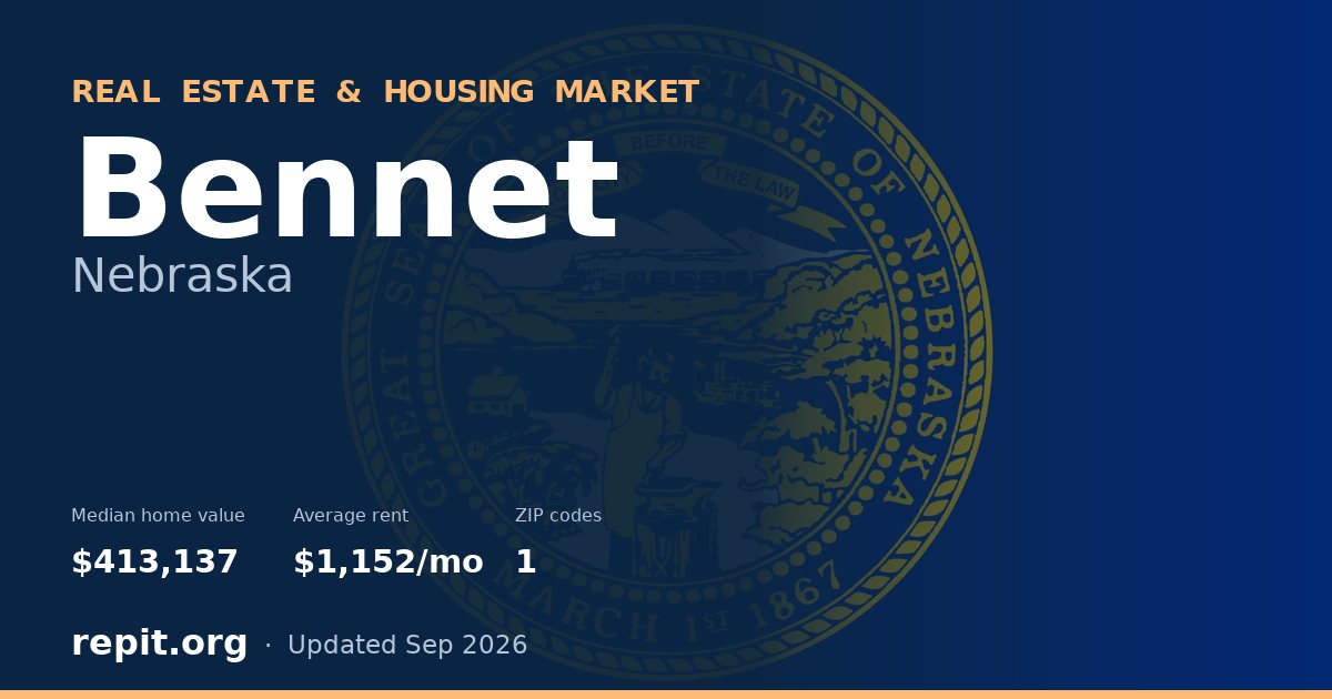Bennet, NE real estate and housing market — median home value $413,137, average rent $1,152/mo, 1 ZIP code