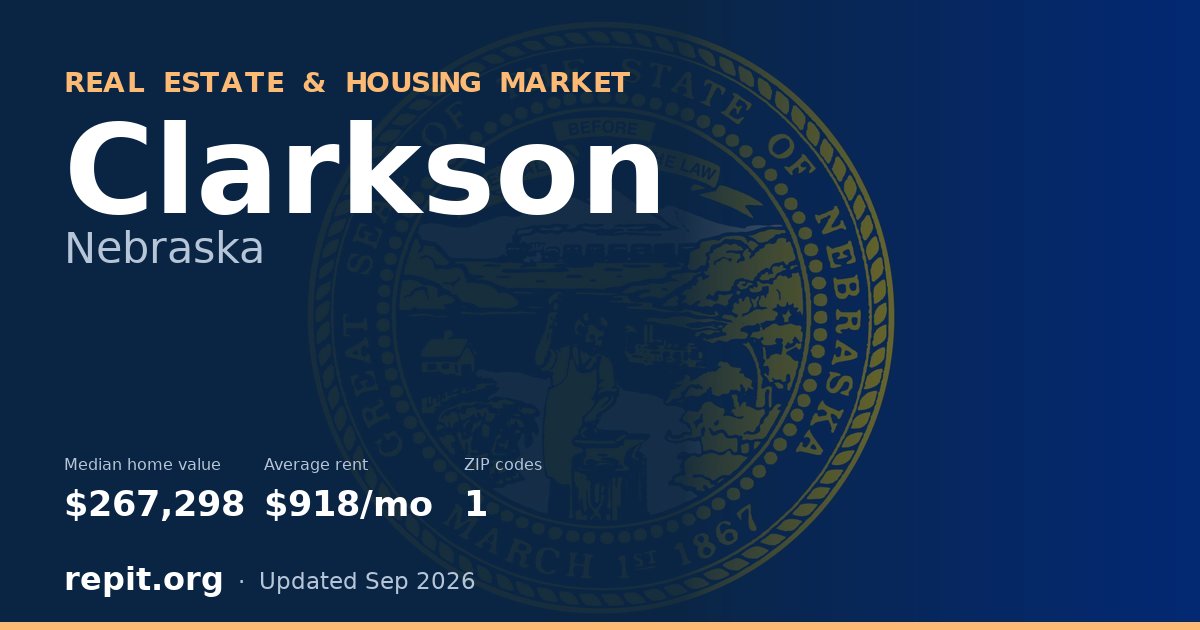 Clarkson, NE real estate and housing market — median home value $267,298, average rent $918/mo, 1 ZIP code