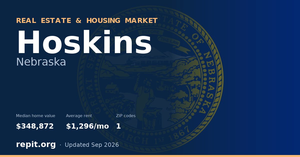 Hoskins, NE real estate and housing market — median home value $348,872, average rent $1,296/mo, 1 ZIP code
