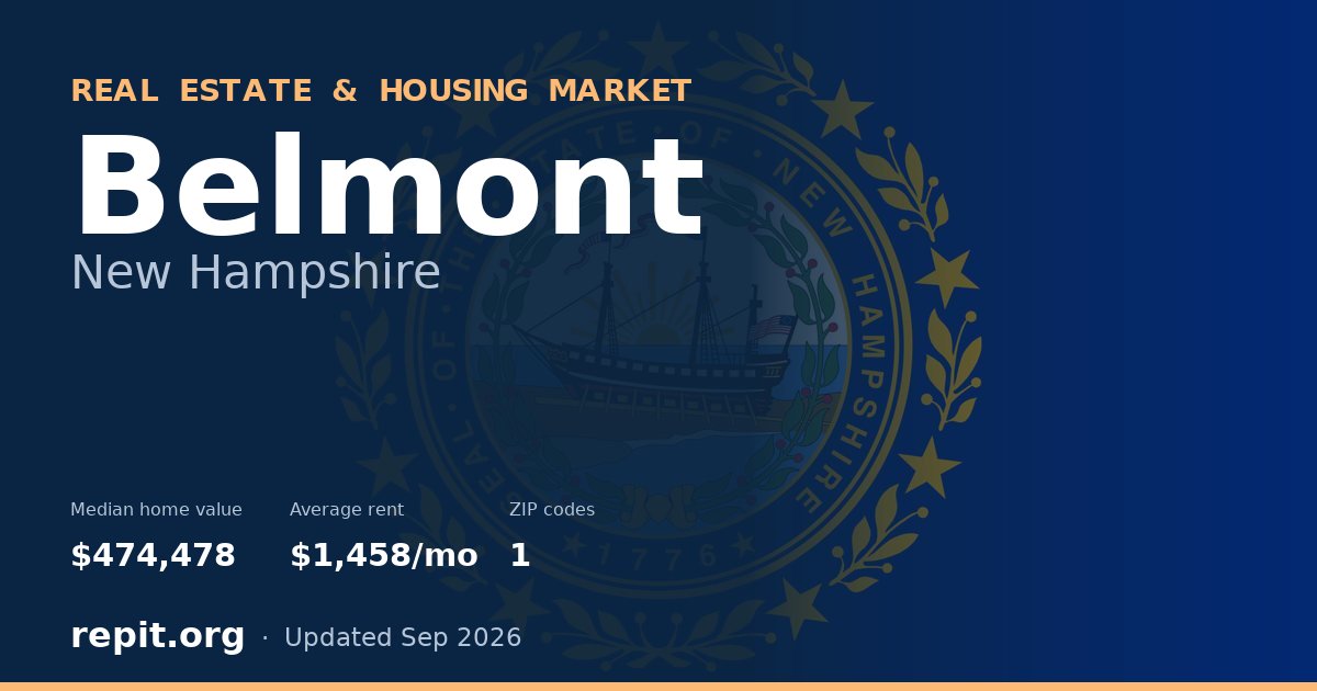 Belmont, NH real estate and housing market — median home value $474,478, average rent $1,458/mo, 1 ZIP code