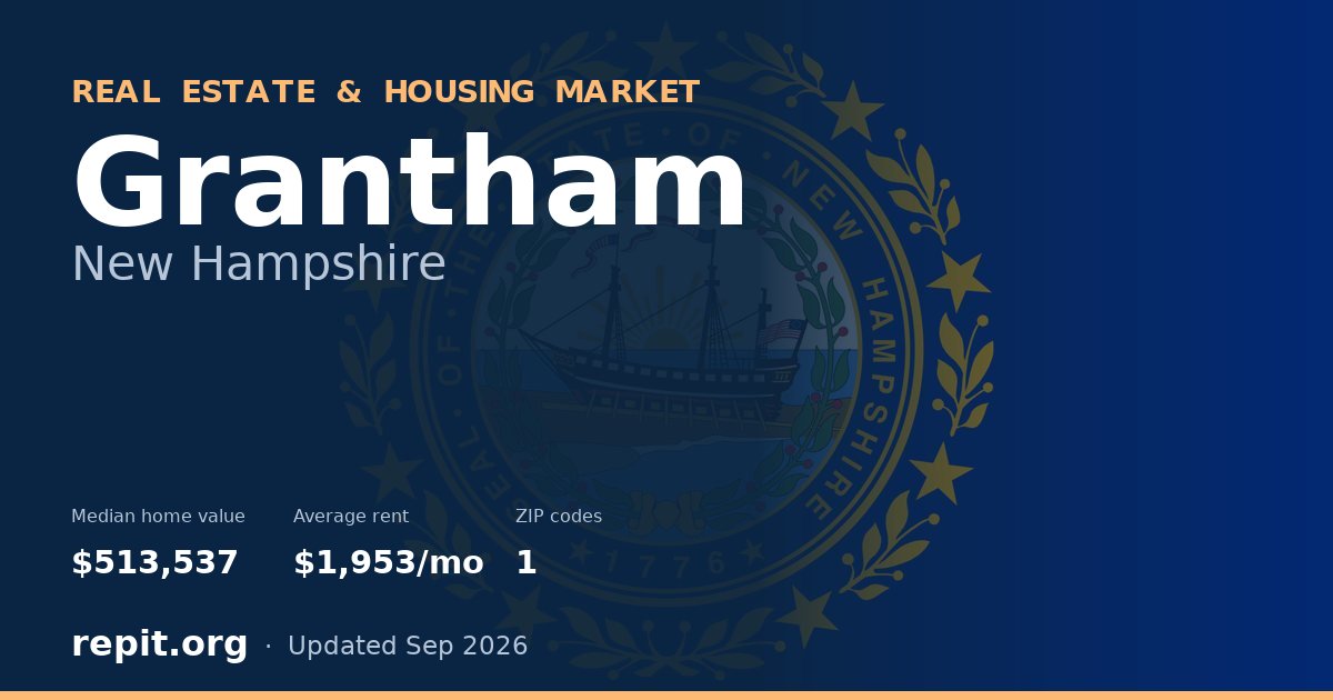 Grantham, NH real estate and housing market — median home value $513,537, average rent $1,953/mo, 1 ZIP code