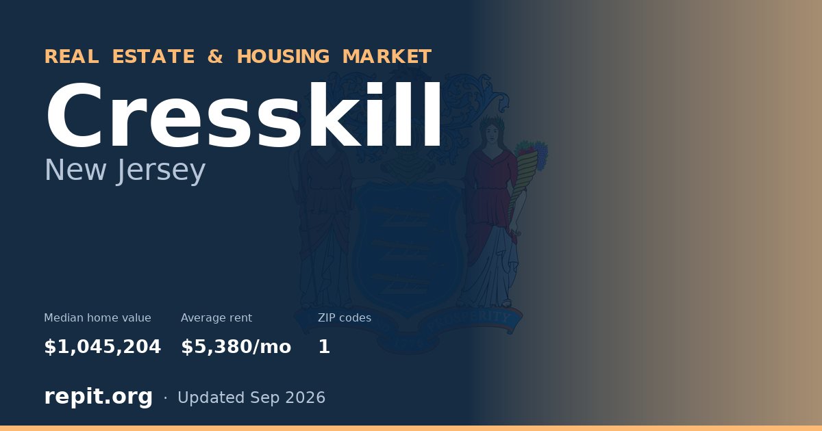 Cresskill, NJ real estate and housing market — median home value $1,045,204, average rent $5,380/mo, 1 ZIP code