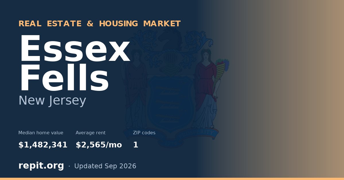 Essex Fells, NJ real estate and housing market — median home value $1,482,341, average rent $2,565/mo, 1 ZIP code