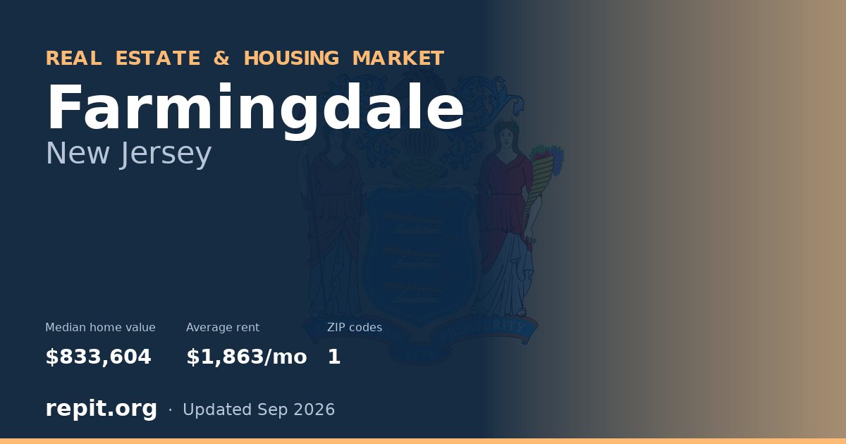 Farmingdale, NJ real estate and housing market — median home value $833,604, average rent $1,863/mo, 1 ZIP code