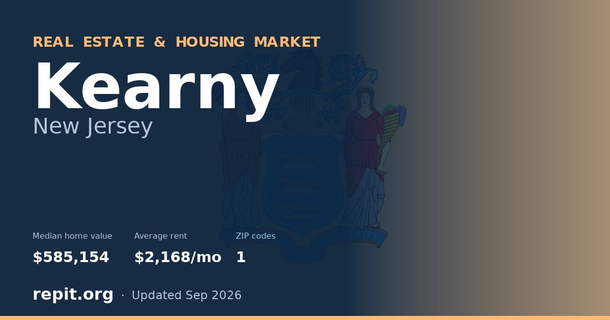 Kearny, NJ real estate and housing market — median home value $585,154, average rent $2,168/mo, 1 ZIP code