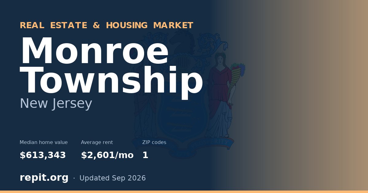 Monroe Township, NJ real estate and housing market — median home value $613,343, average rent $2,601/mo, 1 ZIP code