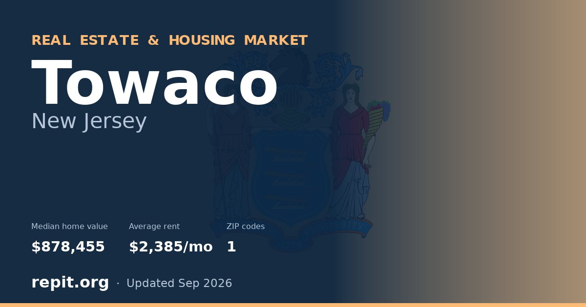 Towaco, NJ real estate and housing market — median home value $878,455, average rent $2,385/mo, 1 ZIP code