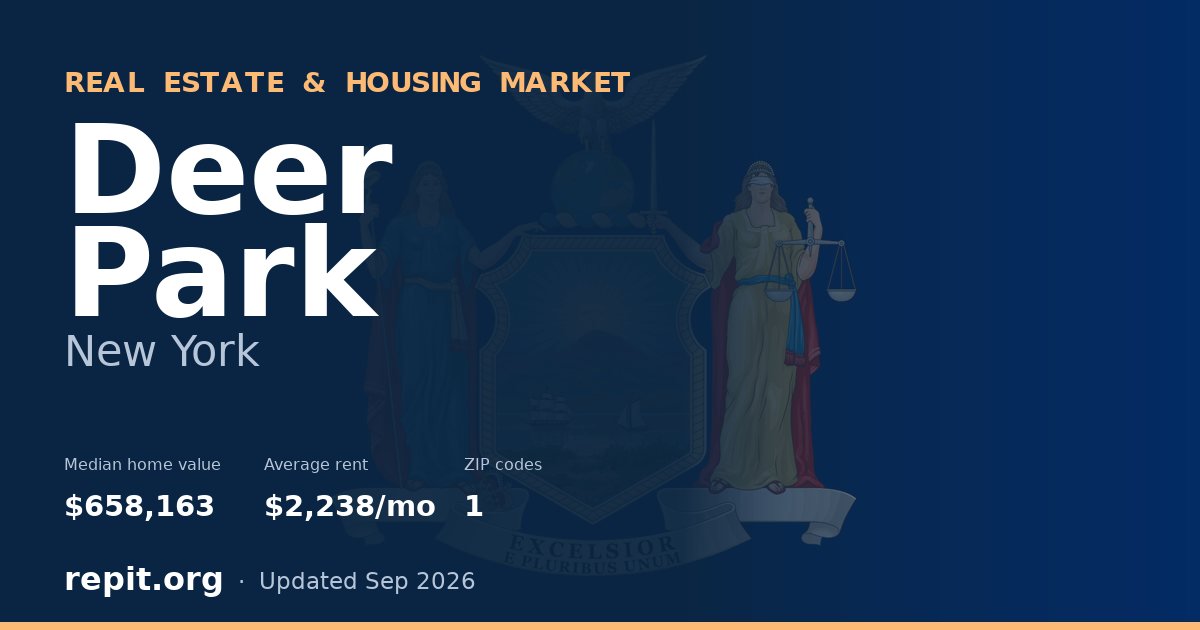 Deer Park, NY real estate and housing market — median home value $658,163, average rent $2,238/mo, 1 ZIP code
