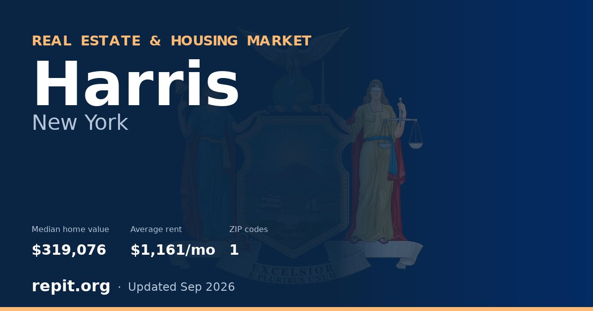 Harris, NY real estate and housing market — median home value $319,076, average rent $1,161/mo, 1 ZIP code