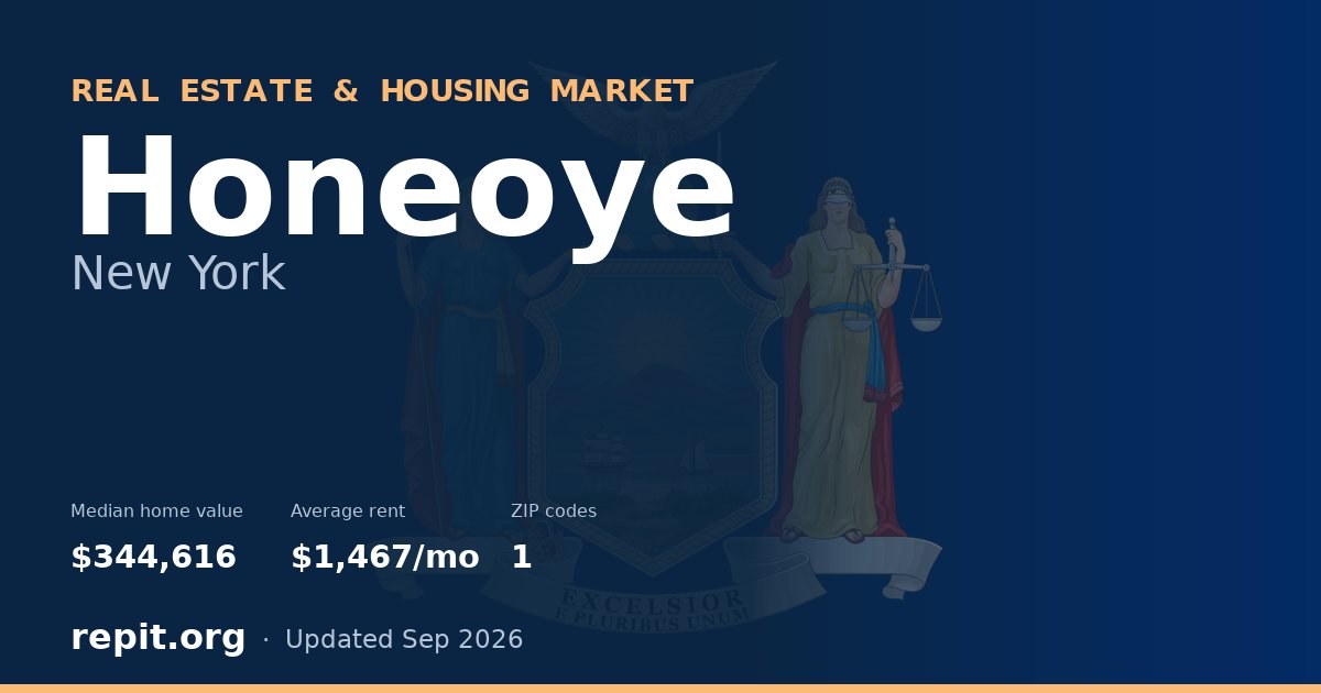 Honeoye, NY real estate and housing market — median home value $344,616, average rent $1,467/mo, 1 ZIP code