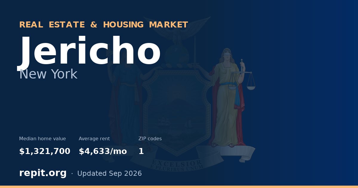 Jericho, NY real estate and housing market — median home value $1,321,700, average rent $4,633/mo, 1 ZIP code