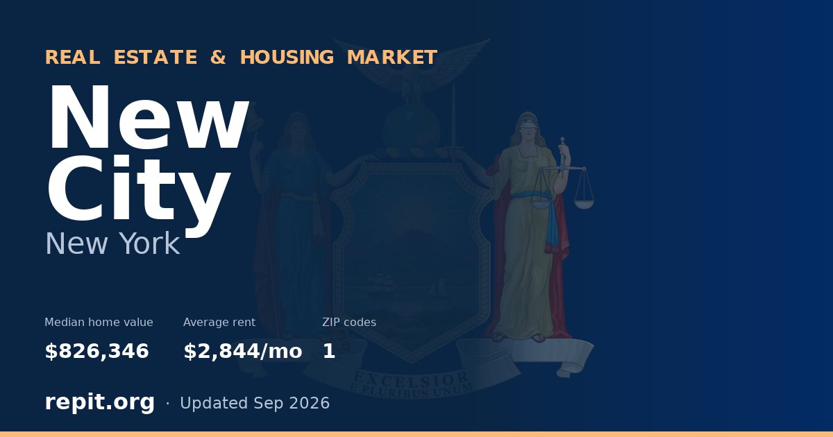 New City, NY real estate and housing market — median home value $826,346, average rent $2,844/mo, 1 ZIP code
