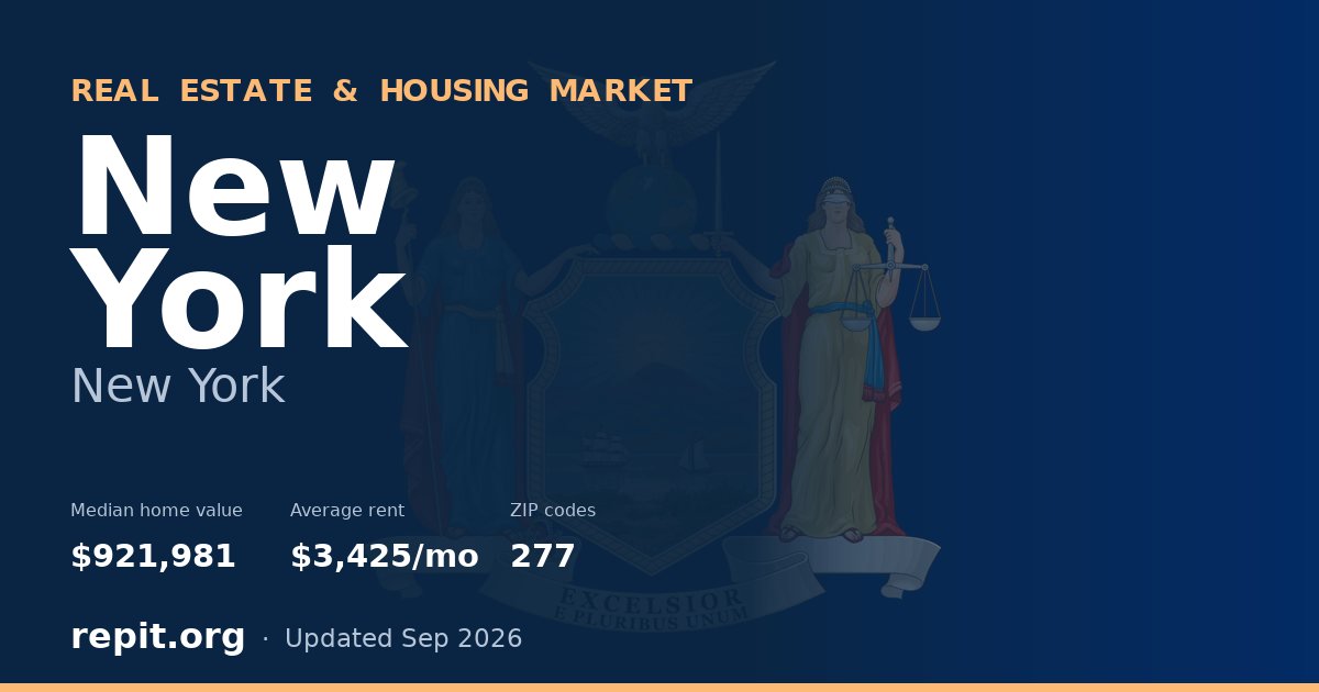 New York, NY real estate and housing market — median home value $921,981, average rent $3,425/mo, 277 ZIP codes