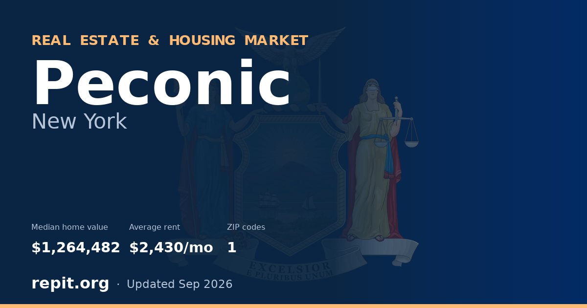 Peconic, NY real estate and housing market — median home value $1,264,482, average rent $2,430/mo, 1 ZIP code
