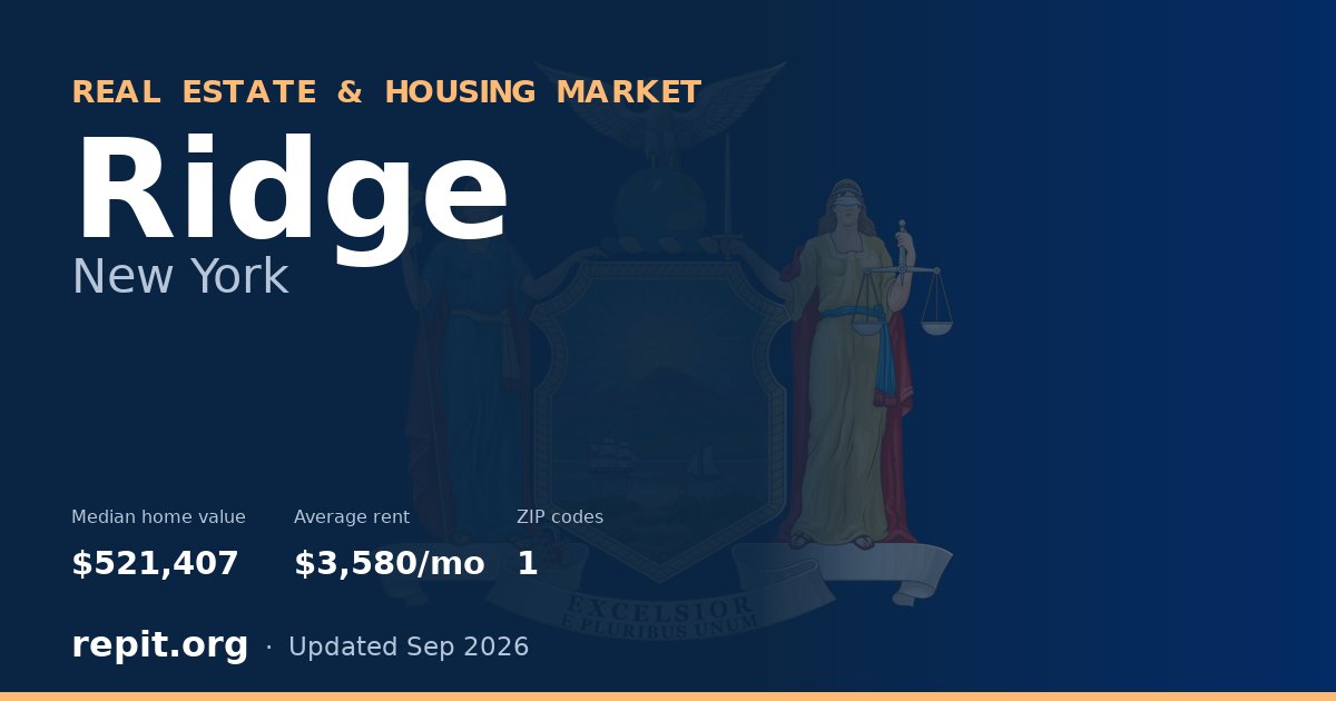 Ridge, NY real estate and housing market — median home value $521,407, average rent $3,580/mo, 1 ZIP code