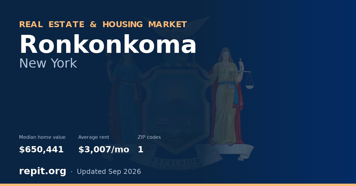 Ronkonkoma, NY real estate and housing market — median home value $650,441, average rent $3,007/mo, 1 ZIP code
