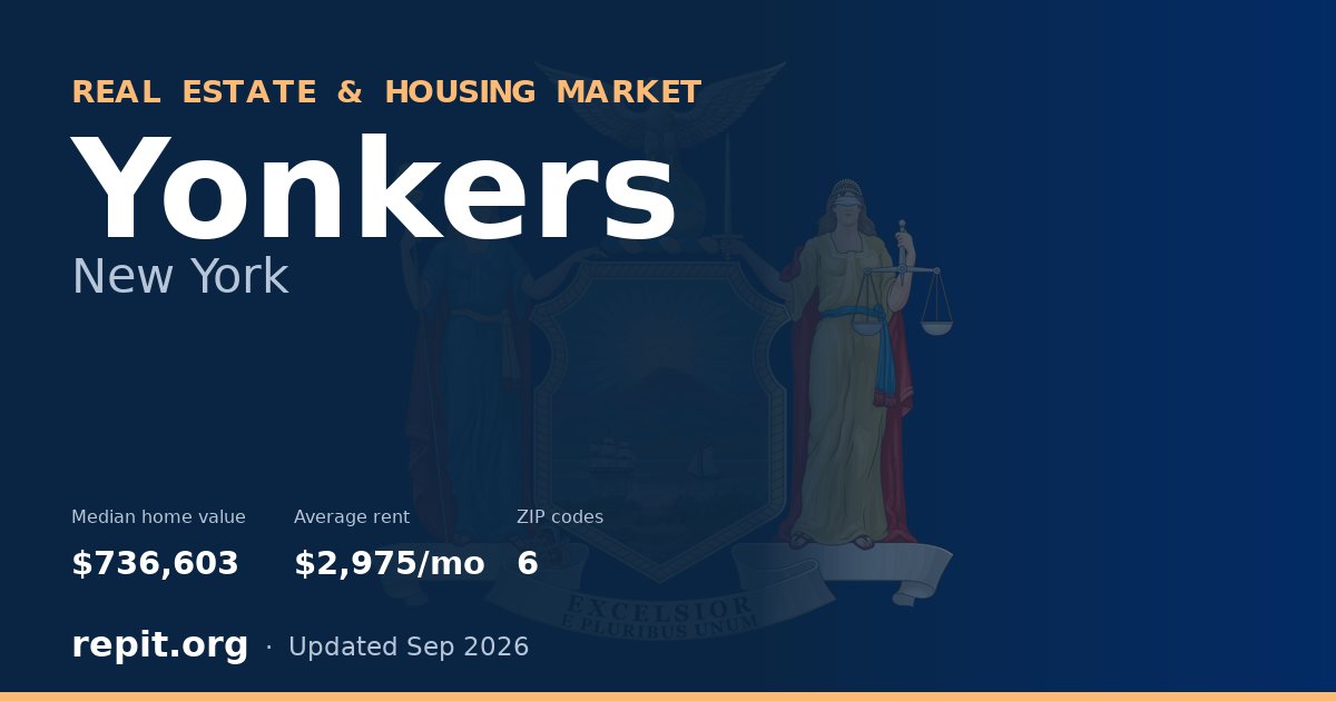 Yonkers, NY real estate and housing market — median home value $736,603, average rent $2,975/mo, 6 ZIP codes