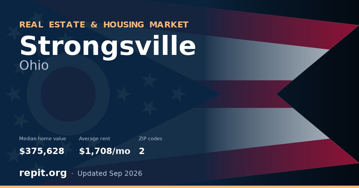 Strongsville, OH real estate and housing market — median home value $375,628, average rent $1,708/mo, 2 ZIP codes
