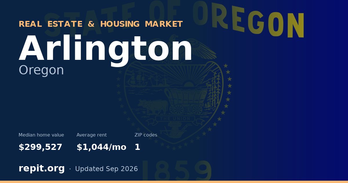 Arlington, OR real estate and housing market — median home value $299,527, average rent $1,044/mo, 1 ZIP code