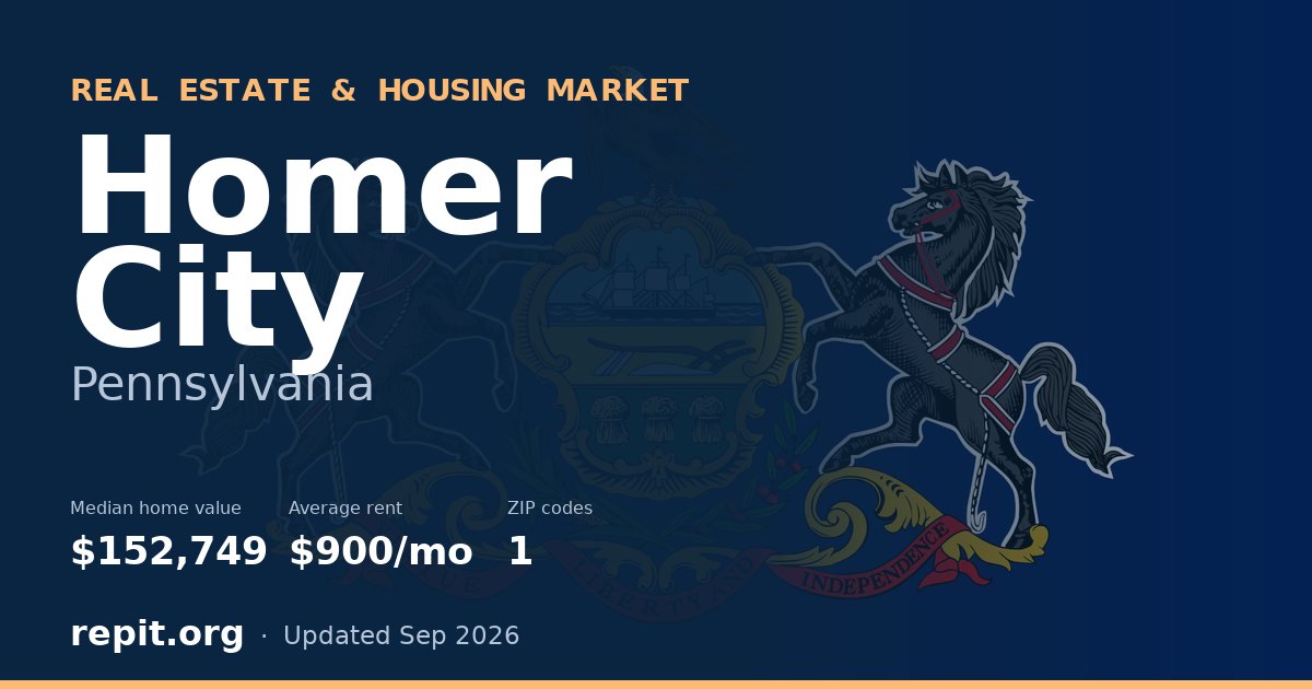 Homer City, PA real estate and housing market — median home value $152,749, average rent $900/mo, 1 ZIP code