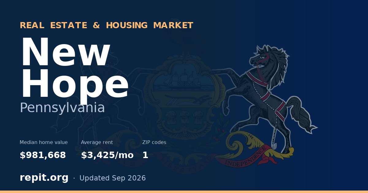 New Hope, PA real estate and housing market — median home value $981,668, average rent $3,425/mo, 1 ZIP code