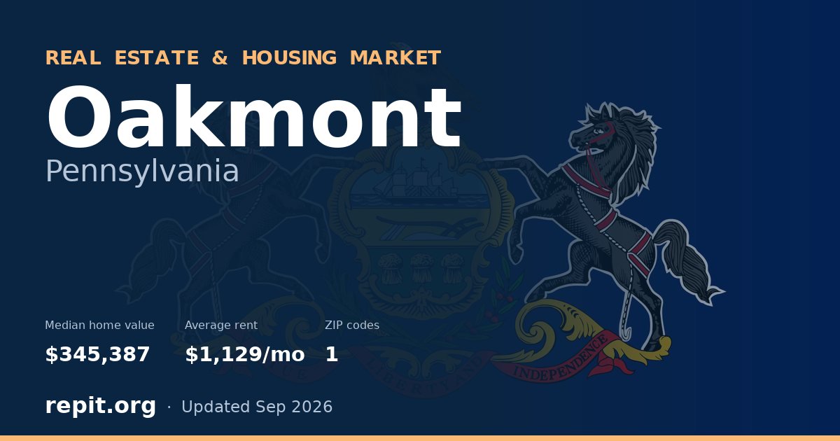Oakmont, PA real estate and housing market — median home value $345,387, average rent $1,129/mo, 1 ZIP code