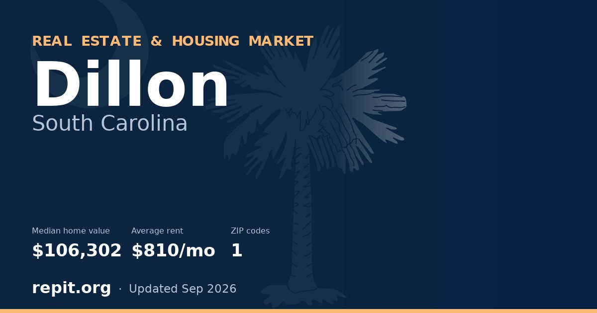 Dillon, SC real estate and housing market — median home value $106,302, average rent $810/mo, 1 ZIP code