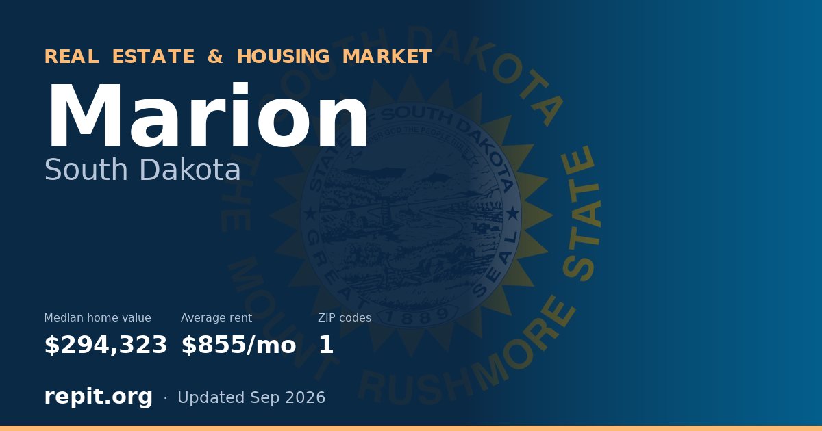 Marion, SD real estate and housing market — median home value $294,323, average rent $855/mo, 1 ZIP code