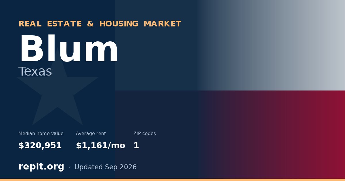 Blum, TX real estate and housing market — median home value $320,951, average rent $1,161/mo, 1 ZIP code