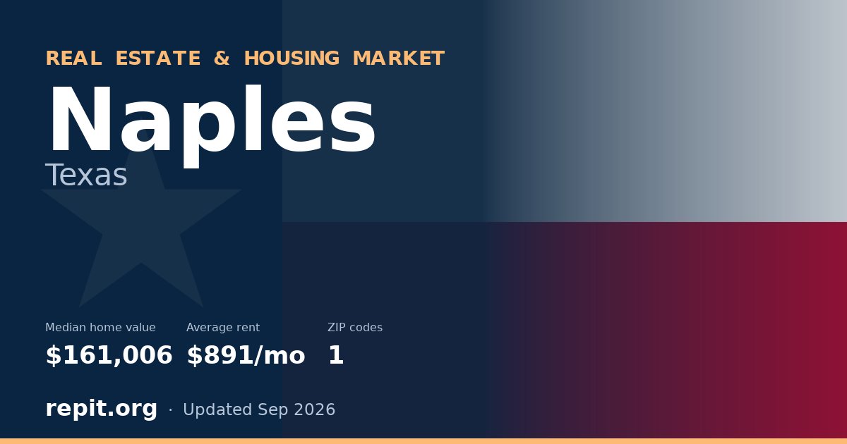 Naples, TX real estate and housing market — median home value $161,006, average rent $891/mo, 1 ZIP code