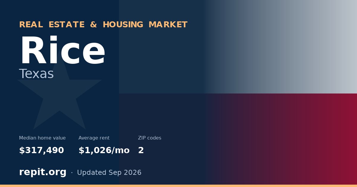 Rice, TX real estate and housing market — median home value $317,490, average rent $1,026/mo, 2 ZIP codes