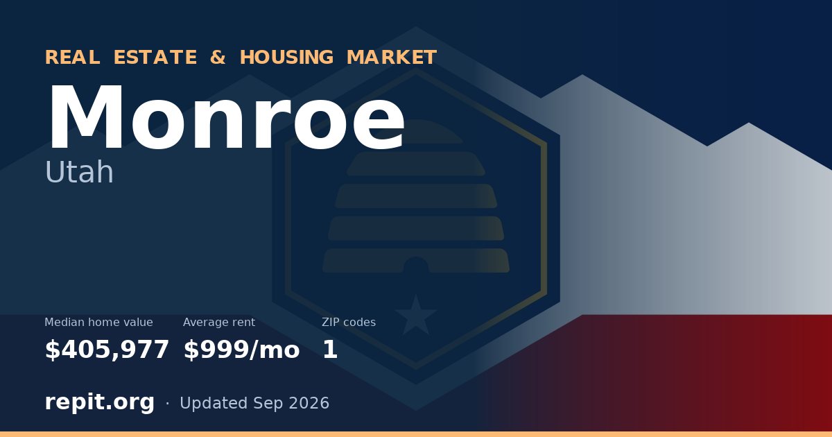 Monroe, UT real estate and housing market — median home value $405,977, average rent $999/mo, 1 ZIP code