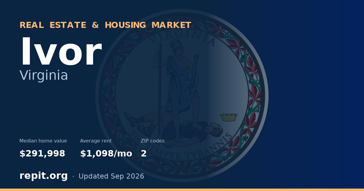 Ivor, VA real estate and housing market — median home value $291,998, average rent $1,098/mo, 2 ZIP codes