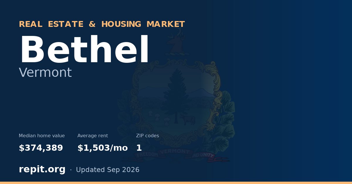 Bethel, VT real estate and housing market — median home value $374,389, average rent $1,503/mo, 1 ZIP code
