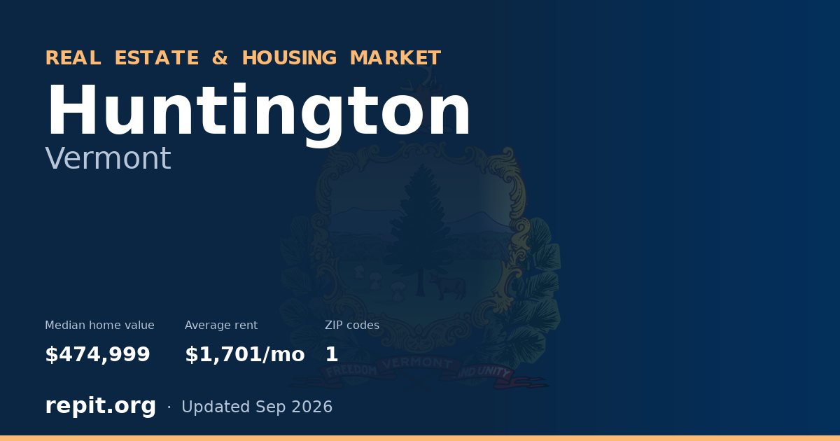 Huntington, VT real estate and housing market — median home value $474,999, average rent $1,701/mo, 1 ZIP code