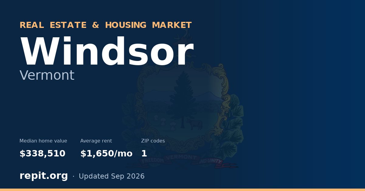 Windsor, VT real estate and housing market — median home value $338,510, average rent $1,650/mo, 1 ZIP code