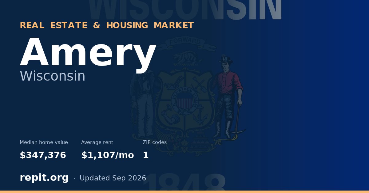 Amery, WI real estate and housing market — median home value $347,376, average rent $1,107/mo, 1 ZIP code