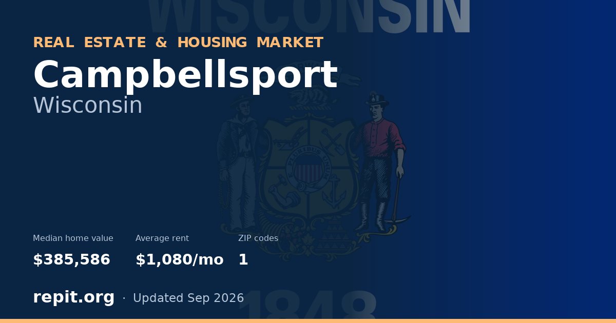 Campbellsport, WI real estate and housing market — median home value $385,586, average rent $1,080/mo, 1 ZIP code