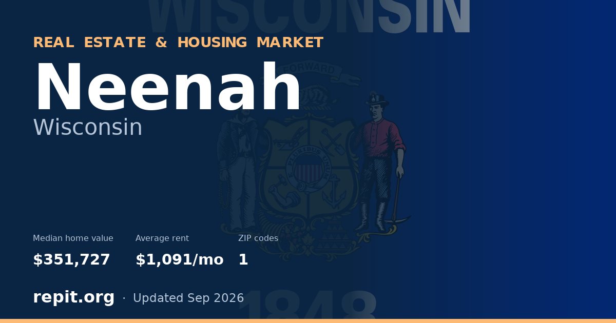 Neenah, WI real estate and housing market — median home value $351,727, average rent $1,091/mo, 1 ZIP code