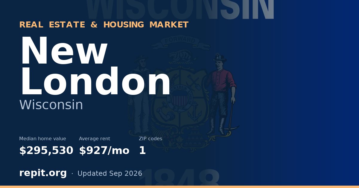 New London, WI real estate and housing market — median home value $295,530, average rent $927/mo, 1 ZIP code
