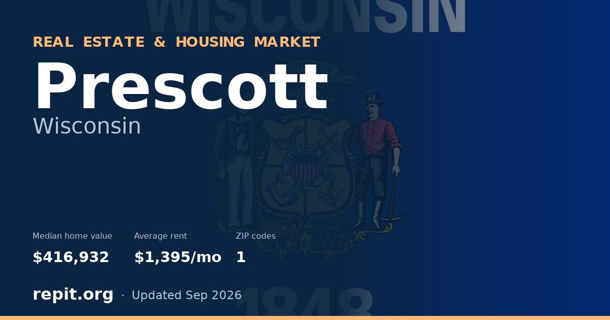 Prescott, WI real estate and housing market — median home value $416,932, average rent $1,395/mo, 1 ZIP code