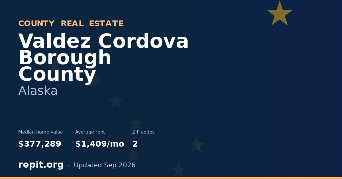 Valdez Cordova Borough County, AK real estate — median home value $377,289, average rent $1,409/mo
