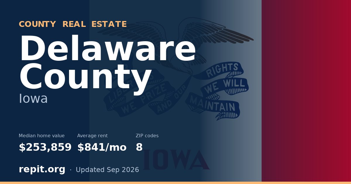 Delaware County, IA real estate — median home value $253,859, average rent $841/mo