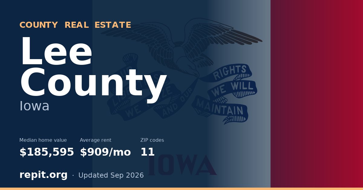 Lee County, IA real estate — median home value $185,595, average rent $909/mo
