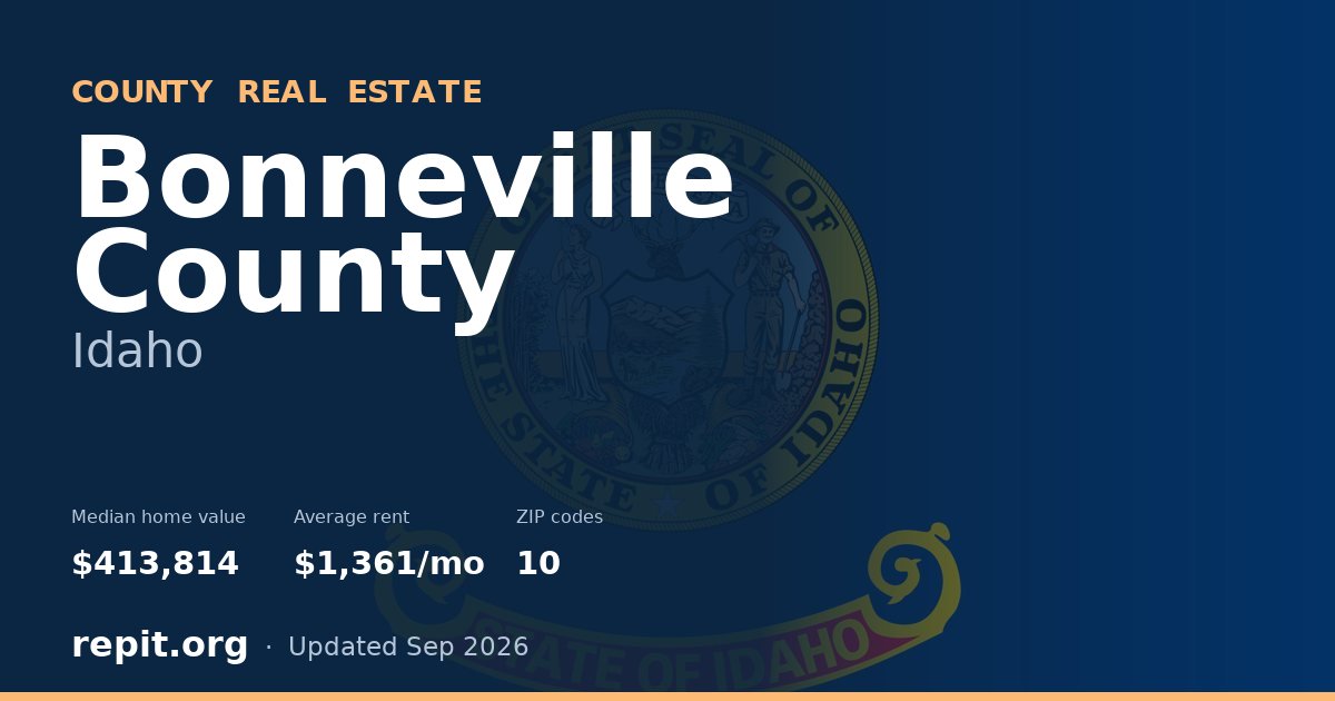 Bonneville County, ID real estate — median home value $413,814, average rent $1,361/mo