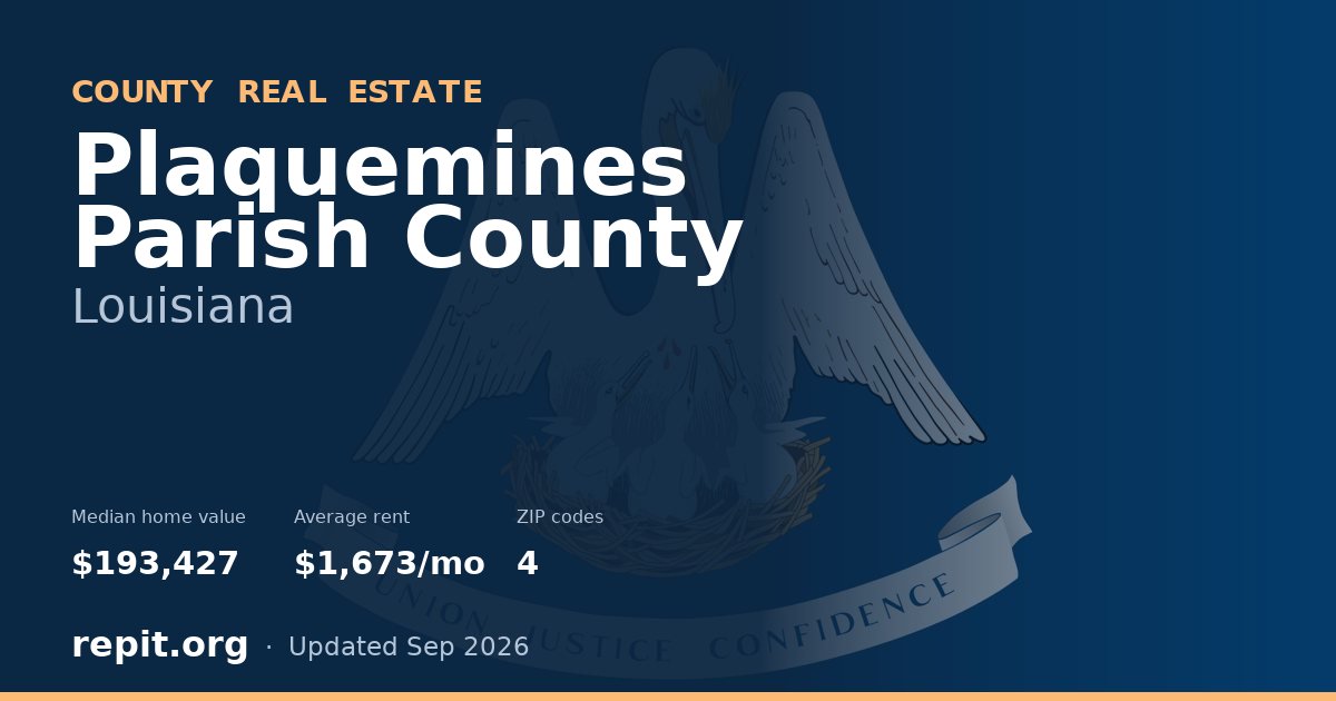 Plaquemines Parish County, LA real estate — median home value $193,427, average rent $1,673/mo