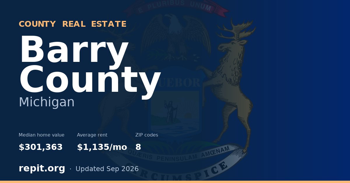 Barry County, MI real estate — median home value $301,363, average rent $1,135/mo