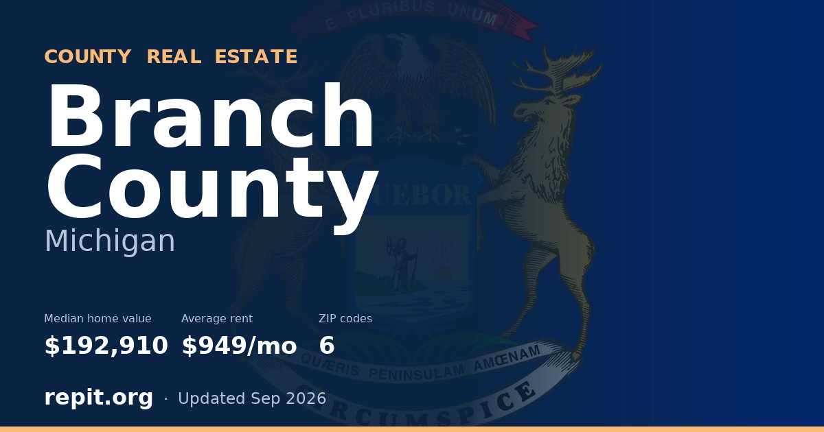 Branch County, MI real estate — median home value $192,910, average rent $949/mo