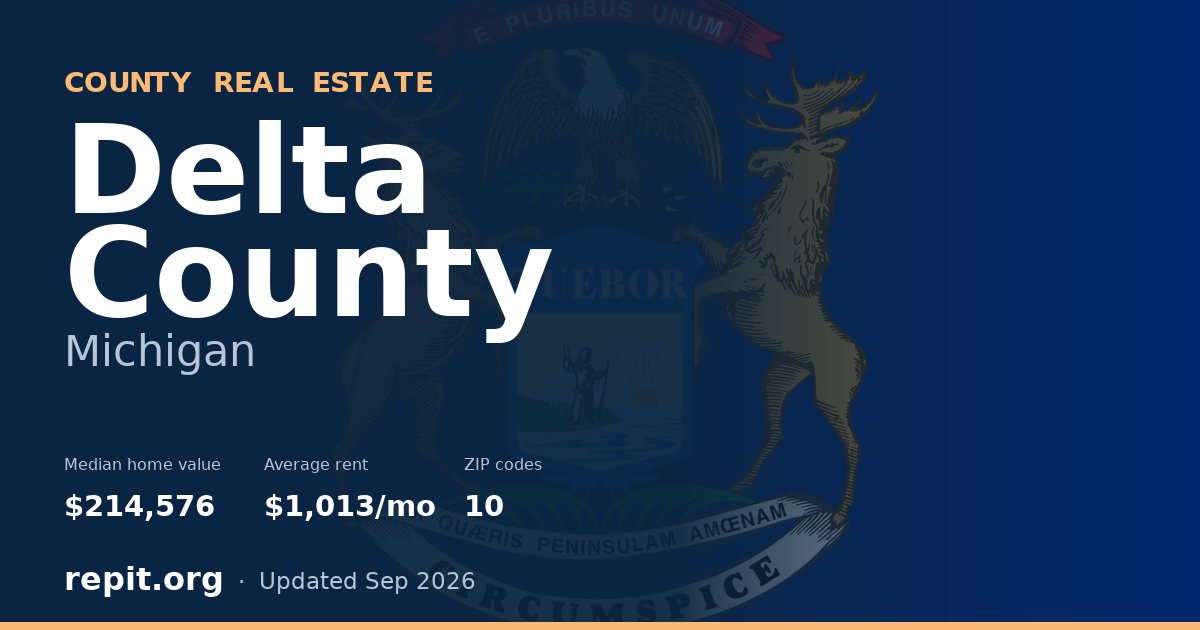 Delta County, MI real estate — median home value $214,576, average rent $1,013/mo